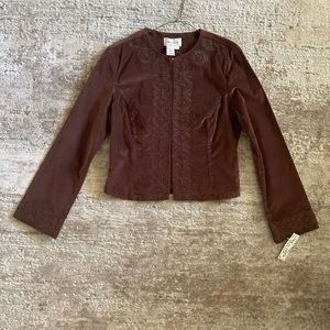 Stylish chocolate-brown faux swede bolero style blazer with embroidered trim.